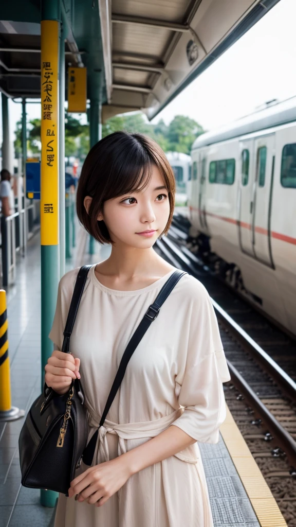 A Japanese woman with a pure and innocent image。There is a beautiful woman with short straight hair.。Waiting for the train