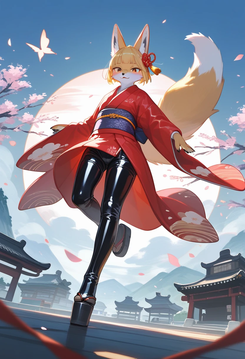 Highest quality, Highest quality, High quality illustrations, masterpiece, Ultra-high resolution, Detailed Background, Kyoto, Absurd, Perfect ???????, performance, Good lighting, Shadows in the movies(kemono, Furry Personifi猫ion), fox, kimono, latex, rubber, Dynamic Angle