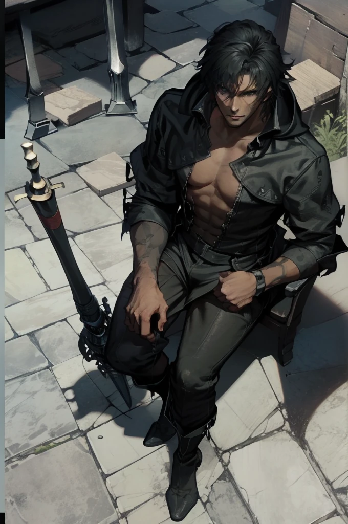 (absurdities, High Resolutions, ultra detailed, HDR), Masterpiece, The best quality, final fantasy xvi, clive rosfield, 1man only, handsome, short hair, black hair, vibrant blue eyes, fine eyes and detailed face, armor, ((Intricate weapon)), Sitting on the throne, legs open, affected smile, annoying. Final Fantasy, clive rosfield,, abs, badass pose, Anime boy on a bed with his hands on his head, Beautiful anime pose, Anime hombre handsome, anime male character, Badass Anime 8K, Detailed anime character art, HDR Anime MacManus Anime Concept, anime boy, Ikuto Yamashita, CG anime soft art, manga wallpaper 4k, inspired by Yamagata Hiro, anime wallaper