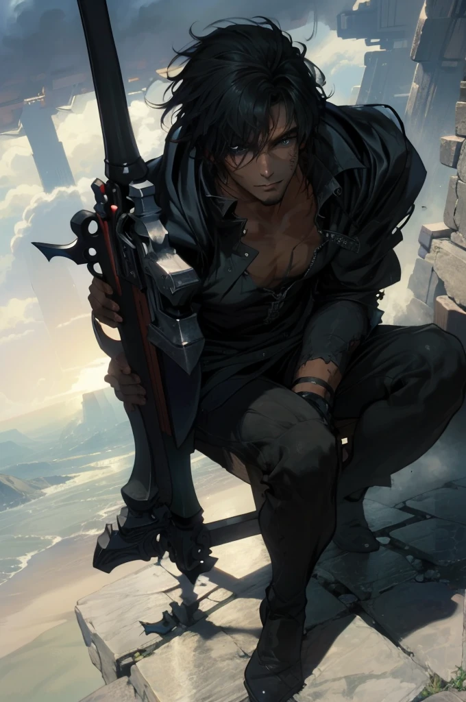 (absurdities, High Resolutions, ultra detailed, HDR), Masterpiece, The best quality, final fantasy xvi, clive rosfield, 1man only, handsome, short hair, black hair, vibrant blue eyes, fine eyes and detailed face, armor, ((Intricate weapon)), Sitting on the throne, legs open, affected smile, annoying. Final Fantasy, clive rosfield,, abs, badass pose, Anime boy on a bed with his hands on his head, Beautiful anime pose, Anime hombre handsome, anime male character, Badass Anime 8K, Detailed anime character art, HDR Anime MacManus Anime Concept, anime boy, Ikuto Yamashita, CG anime soft art, manga wallpaper 4k, inspired by Yamagata Hiro, anime wallaper