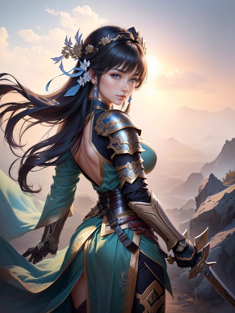 a woman in armor holding a sword, zhao yun, by Ju Lian, by Qu Leilei, chinese warrior, inspired by Shen Zhou, inspired by Li Mei-shu, by Li Zai, g liulian art style, a beautiful woman warrior, inspired by Li Rongjin, inspired by Ju Lian, beautiful character painting, xianxia hero, Highly detailed CG unit 8k wallpaper, masterpiece, High resolution, highest quality, highest quality real texture skin, Super Real, Digital Painting, Best image quality, 最High resolution, 8k, ((Highly detailed eyes and face, Beautiful eyes every detail)), smile, black hair, profile, Backless clothing, Big Ass,