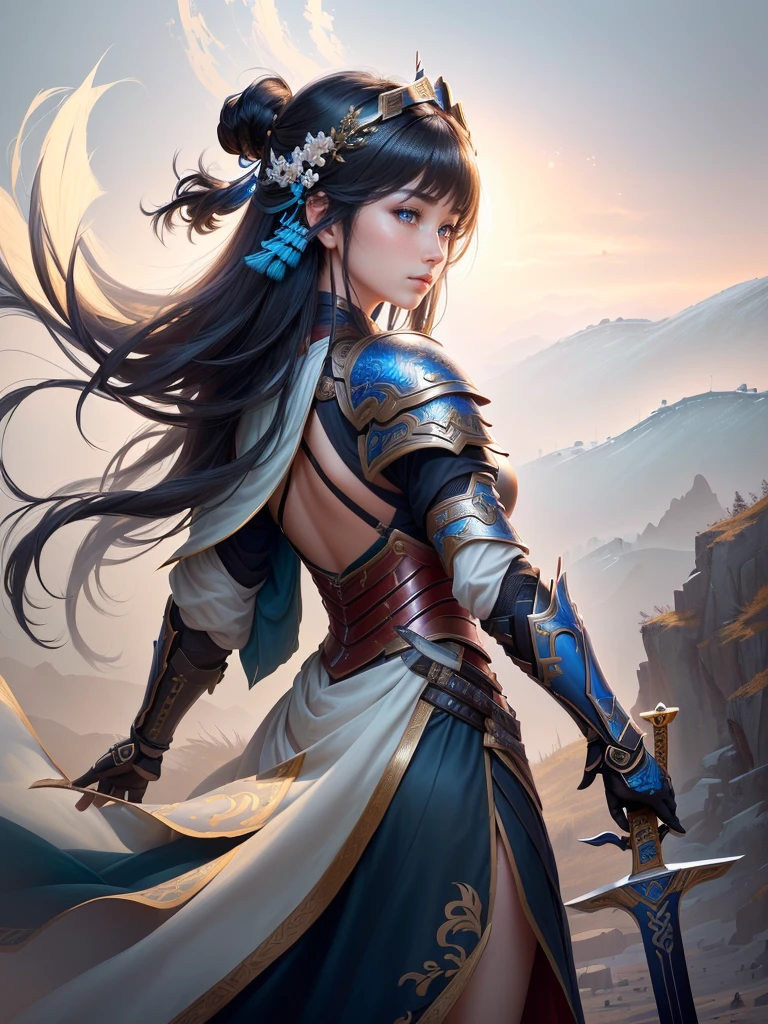 a woman in armor holding a sword, zhao yun, by Ju Lian, by Qu Leilei, chinese warrior, inspired by Shen Zhou, inspired by Li Mei-shu, by Li Zai, g liulian art style, a beautiful woman warrior, inspired by Li Rongjin, inspired by Ju Lian, beautiful character painting, xianxia hero, Highly detailed CG unit 8k wallpaper, masterpiece, High resolution, highest quality, highest quality real texture skin, Super Real, Digital Painting, Best image quality, 最High resolution, 8k, ((Highly detailed eyes and face, Beautiful eyes every detail)), smile, black hair, profile, Backless clothing, Big Ass,