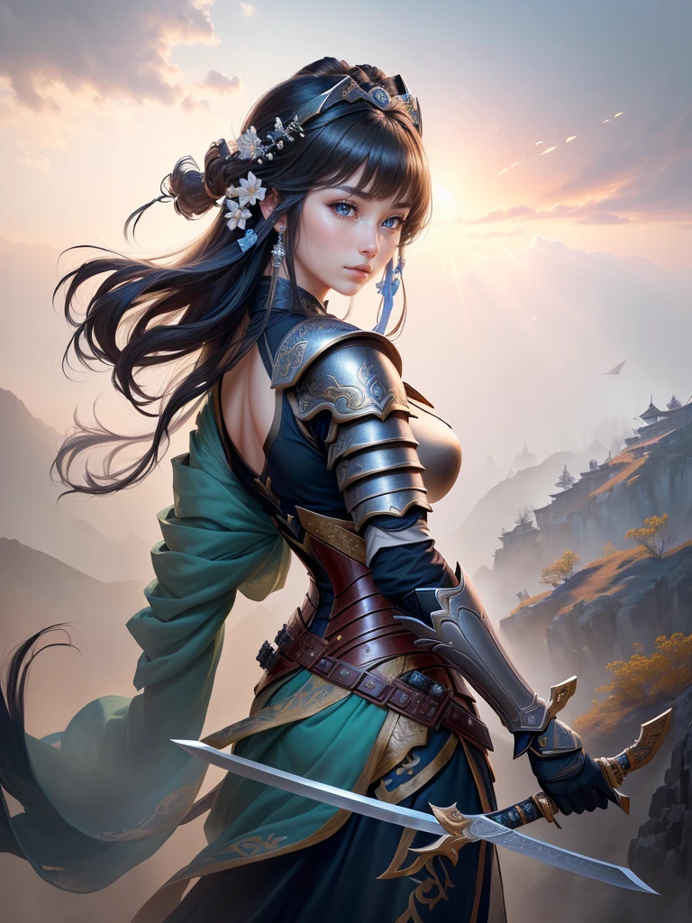 a woman in armor holding a sword, zhao yun, by Ju Lian, by Qu Leilei, chinese warrior, inspired by Shen Zhou, inspired by Li Mei-shu, by Li Zai, g liulian art style, a beautiful woman warrior, inspired by Li Rongjin, inspired by Ju Lian, beautiful character painting, xianxia hero, Highly detailed CG unit 8k wallpaper, masterpiece, High resolution, highest quality, highest quality real texture skin, Super Real, Digital Painting, Best image quality, 最High resolution, 8k, ((Highly detailed eyes and face, Beautiful eyes every detail)), smile, black hair, profile, Backless clothing, Big Ass,
