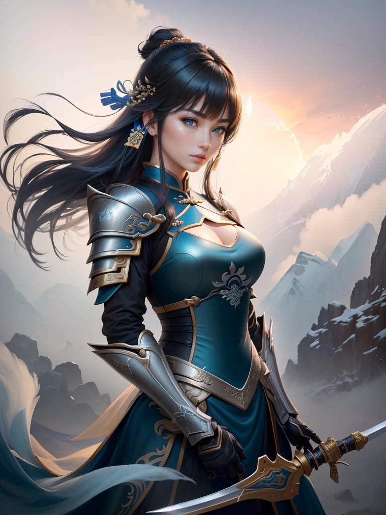 a woman in armor holding a sword, zhao yun, by Ju Lian, by Qu Leilei, chinese warrior, inspired by Shen Zhou, inspired by Li Mei-shu, by Li Zai, g liulian art style, a beautiful woman warrior, inspired by Li Rongjin, inspired by Ju Lian, beautiful character painting, xianxia hero, Highly detailed CG unit 8k wallpaper, masterpiece, High resolution, highest quality, highest quality real texture skin, Super Real, Digital Painting, Best image quality, 最High resolution, 8k, ((Highly detailed eyes and face, Beautiful eyes every detail)), smile, black hair, profile, Backless clothing, Big Ass, 