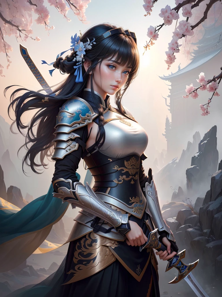 a woman in armor holding a sword, zhao yun, by Ju Lian, by Qu Leilei, chinese warrior, inspired by Shen Zhou, inspired by Li Mei-shu, by Li Zai, g liulian art style, a beautiful woman warrior, inspired by Li Rongjin, inspired by Ju Lian, beautiful character painting, xianxia hero, Highly detailed CG unit 8k wallpaper, masterpiece, High resolution, highest quality, highest quality real texture skin, Super Real, Digital Painting, Best image quality, 最High resolution, 8k, ((Highly detailed eyes and face, Beautiful eyes every detail)), smile, black hair, profile, Backless clothing, Big Ass,