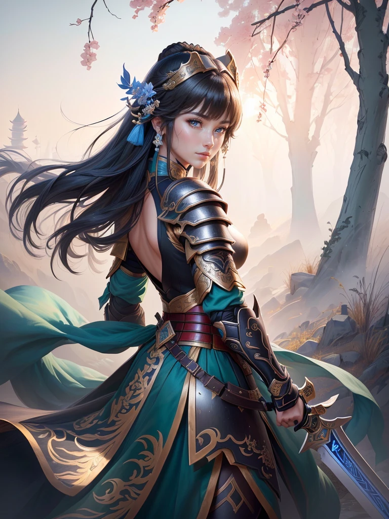 a woman in armor holding a sword, zhao yun, by Ju Lian, by Qu Leilei, chinese warrior, inspired by Shen Zhou, inspired by Li Mei-shu, by Li Zai, g liulian art style, a beautiful woman warrior, inspired by Li Rongjin, inspired by Ju Lian, beautiful character painting, xianxia hero, Highly detailed CG unit 8k wallpaper, masterpiece, High resolution, highest quality, highest quality real texture skin, Super Real, Digital Painting, Best image quality, 最High resolution, 8k, ((Highly detailed eyes and face, Beautiful eyes every detail)), smile, black hair, profile, Backless clothing, Big Ass,