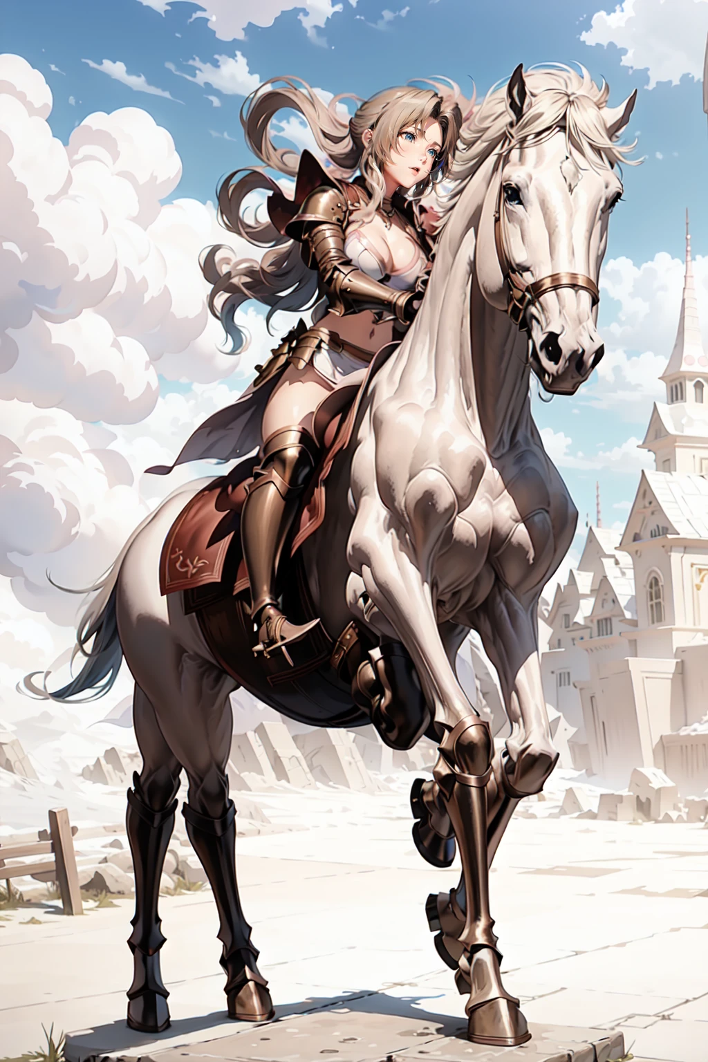 ((best quality)), ((anime masterpiece)), (high detailed), 8k, cinematic lighting, realistic, HDR, vivid color, a female knight riding a WHITE HORSE, {brunette}, medium breast, cleavage, (red armor, white gauntlet, pink miniskirt, brown boots), river, anatomically correct