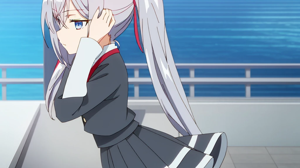 1girl, anime girl, silver hair, long twintails, silver eyes, dark blue school suit, white skirt with white line