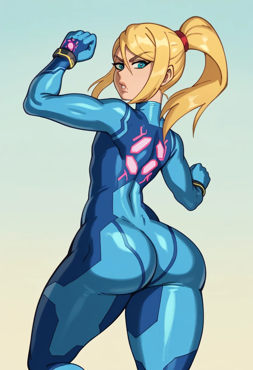 (masterpiece, best quality:1.3),Rizdraws, Thin Lineart, Soft Lineart, 1male, solo, Samus Aran from Metroid, genderswap, femboy, famine male, zero suit, looking at viewer, action pose, cowboy shot, flat chest, wide hips, big butt, bottom heavy, wide ass, from behind