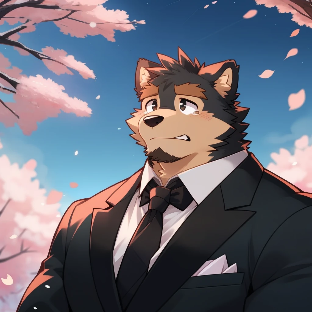 Scribble 德国牧羊dog face,cry,Humanity(dog),(Formal wear:1.3),Muscular,(Brown eyebrows:1.1),(Close one eye:1.2),(Perfect black eyes),Cherry blossoms,Black fur,Night Sky,(artist:Takemoto Arashi)