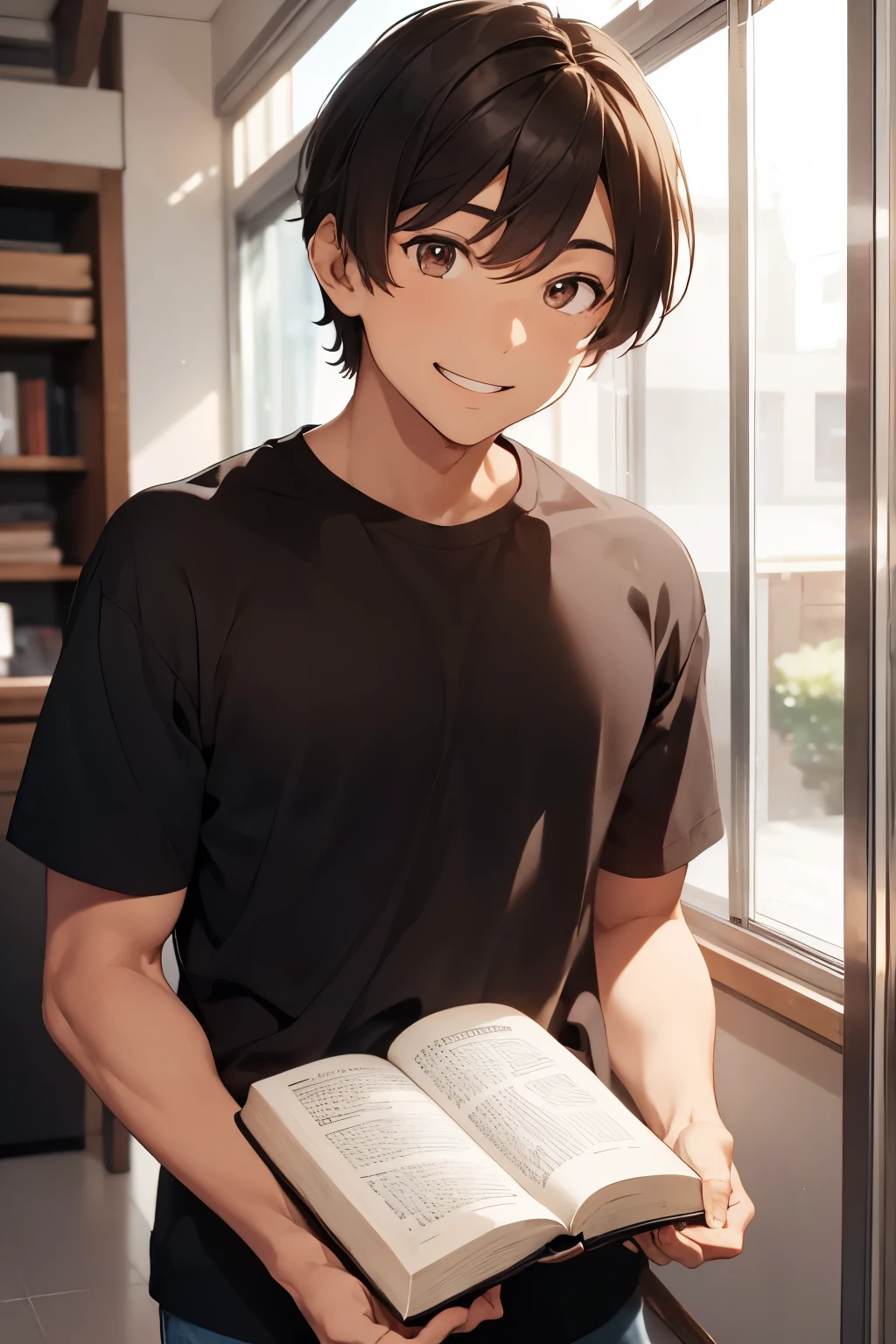 A young man of 18 holding a bible with brown hair and brown eyes dark skin, athletic body wearing casual clothes that are not glued in black and white colors he is smiling