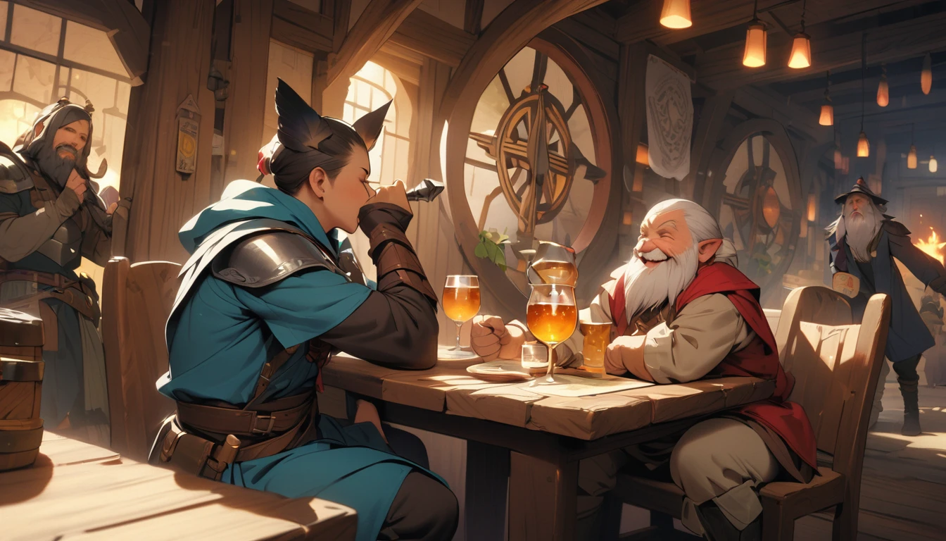 (masterpiece:1.4), (Highest quality:1.4), Very detailed, Complex, Very detailed, shape,Soft lighting, Tavern, More than one personで語り合う, Hopeful Face, smile, More than one person, Mixed gender, a group of adventurers, character from RPG games, (character: human, Fairy, Fairy, Dwarf, The Hobbit), (exterior: Swordsman Style, Shaman Style, Monk Style, Magician style), (belongings: Long sword, dagger, Holy Staff, Magic wand, shield, metal armor, Leather Armor), Perfectly accurate anatomical shape、All limbs intact、Perfect full finger, Colorful characters, Drinking alcohol and having fun, Huge, Majestic, Uplifting expressions, みんなのsmileが素晴らしい.