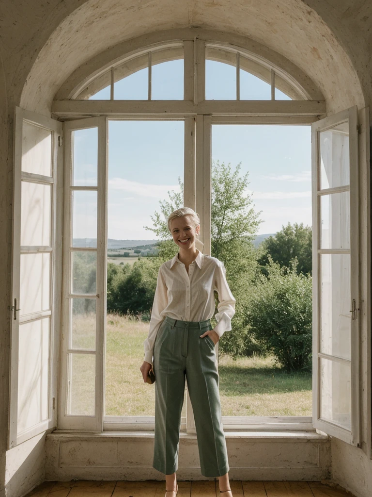 her name is Amelie, high quality, 1girl, ((25-year-old fit Caucasian woman)), ((25 years old)), ((SLIM)), ((Loose Chignon blonde hair)), smiling, pose: standing, wearing Refined Trendsetting Generation-Z modern wear elegant colored, BACKGROUND: "A charming Provençal house with rustic decor, exposed wooden beams, and large windows overlooking the countryside."