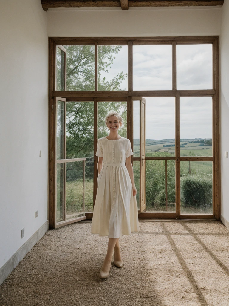 her name is Amelie, high quality, 1girl, ((25-year-old fit Caucasian woman)), ((25 years old)), ((SLIM)), ((Loose Chignon blonde hair)), smiling, pose: standing, wearing Refined Trendsetting Generation-Z modern wear elegant colored, BACKGROUND: "A charming Provençal house with rustic decor, exposed wooden beams, and large windows overlooking the countryside."
