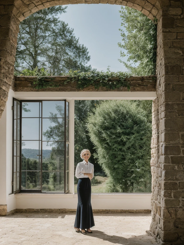 her name is Amelie, high quality, 1girl, ((25-year-old fit Caucasian woman)), ((25 years old)), ((SLIM)), ((Loose Chignon blonde hair)), smiling, pose: standing, wearing Refined Trendsetting Generation-Z modern wear elegant colored, BACKGROUND: "A charming Provençal house with rustic decor, exposed wooden beams, and large windows overlooking the countryside."