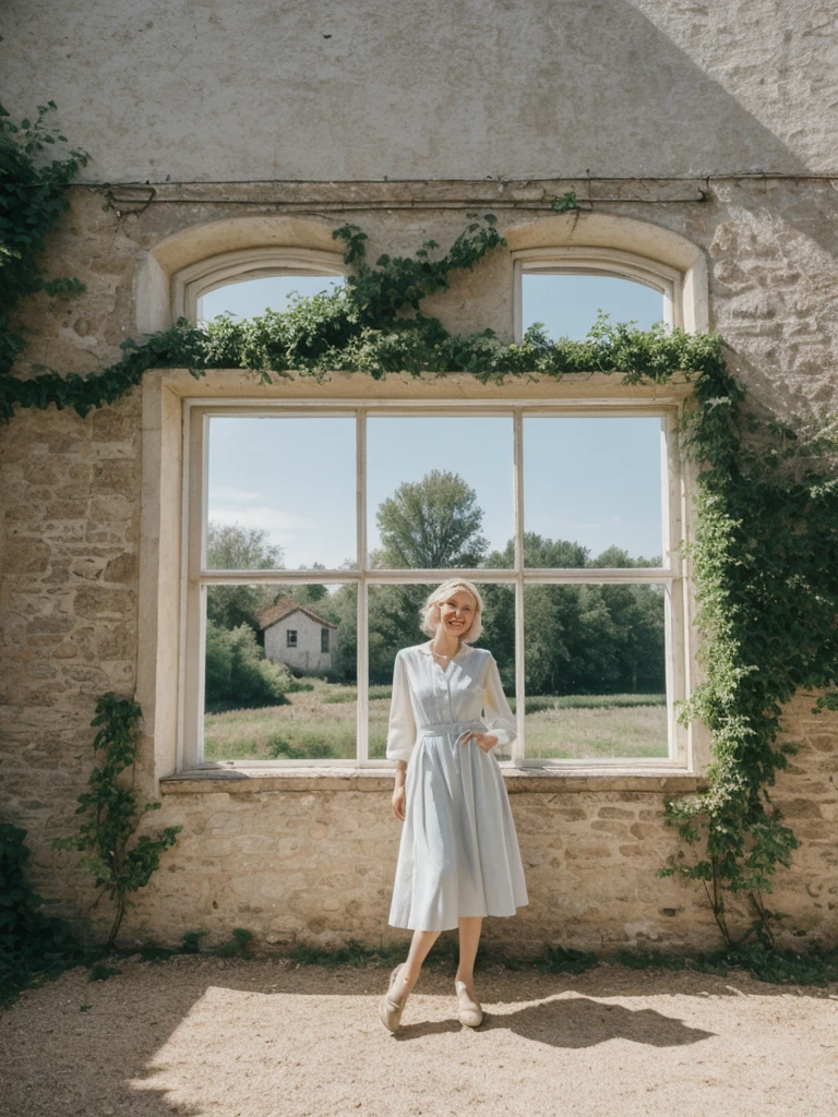 her name is Amelie, high quality, 1girl, ((25-year-old fit Caucasian woman)), ((25 years old)), ((SLIM)), ((Loose Chignon blonde hair)), smiling, pose: standing, wearing Refined Trendsetting Generation-Z modern wear elegant colored, BACKGROUND: "A charming Provençal house with rustic decor, exposed wooden beams, and large windows overlooking the countryside."