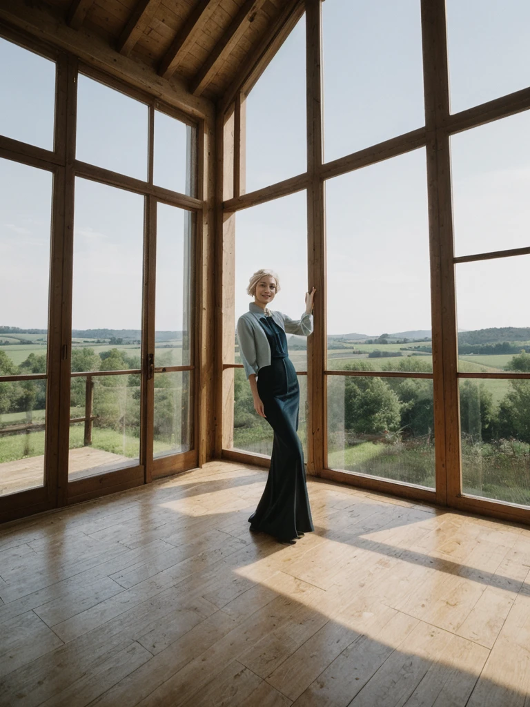her name is Amelie, high quality, 1girl, ((25-year-old fit Caucasian woman)), ((25 years old)), ((SLIM)), ((Loose Chignon blonde hair)), smiling, pose: standing, wearing Refined Trendsetting Generation-Z modern wear elegant colored, BACKGROUND: "A charming Provençal house with rustic decor, exposed wooden beams, and large windows overlooking the countryside."
