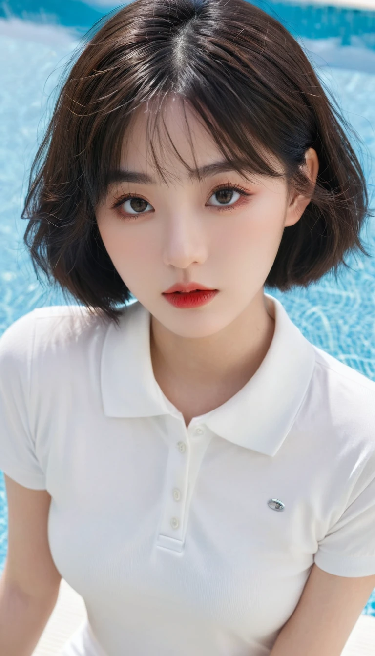 (Surrealism), (illustration), (high resolution), (8K), (Extremely detailed), (best illustration), (美丽而精致的Eye), (best quality), (Very detailed), (masterpiece), ( wallpaper), (Delicate face), solitary, 1 girl, White curly hair, Korean, Heterochromic Eyes, Eye下面有一颗小痣,, Large Breasts, Long legs, Tight abdominal muscles, Camel toe, Dynamic poses, High school girl, Ms. Boyish, Gravure printing, Sexy, (White shirt:1.21), (White short-sleeved sports polo shirt:1.6), (Pleated Skirt:1.21), (By the vast summer pool:1.37), Perfect composition, ((Realistic perfect circle deep black super ridiculous details_Eye: 1.3, Extreme quality and resolution)), (Pale), ((Ultra-realistic sharp Eye, Obvious absurd quality, Not blurry,)), ((Fine pupils:1.4)), (Perfect makeup:1.35), ((Ultra-detailed symmetrical lips:1.3)), ((V-shaped jaw)), (Light glossy red_Lipstick:1.35), ((Super absurd realism long details_blue_eyelash: 1.25 Super Ridiculous Quality)), ((Perfect Dark_Eyehadows:1.45)), (Extremely detailed, Beautiful little nose:1.2), (Perfect composition), ((Pale skin:1.28)), ((Dry skin)), (flat chest), (Slim lower body), (Short hair handsome:1.37),