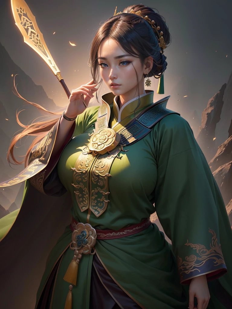 a close up of a man in a green robe, inspired by Dong Yuan, zhao yun, inspired by Cao Zhibai, inspired by Guan Daosheng, inspired by Hu Zaobin, inspired by Huang Shen, inspired by Zhang Sengyao, inspired by Huang Ding, inspired by Wu Bin, inspired by Li Kan, guan yu, Highly detailed CG unit 8k wallpaper, masterpiece, High resolution, highest quality, highest quality real texture skin, Super Real, Digital Painting, Best image quality, 最High resolution, 8k, ((Highly detailed eyes and face, Beautiful eyes every detail)), profile, disproportionate breasts, huge breasts, sagging breasts, gigantic breasts, erect nipple