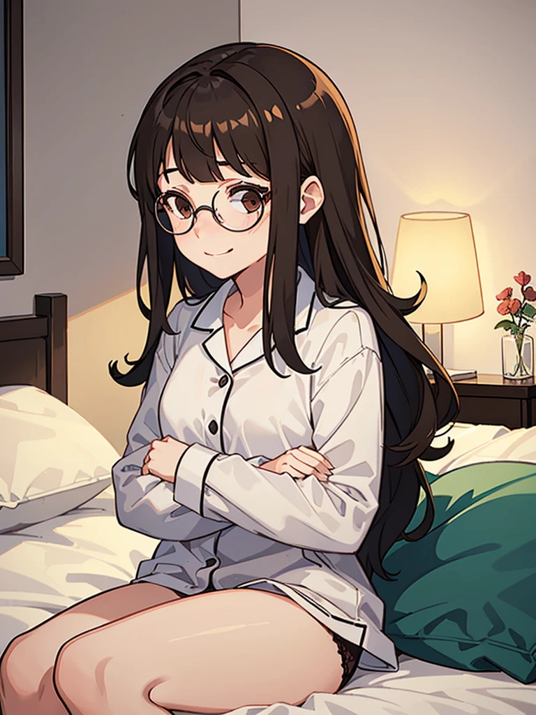1 girl, medium construction, (((completely alone))), ((round glasses)), long brown hair, blunt bangs, Brown eyes, (((perverted smile: 1.2))), sexy look, modern, (((contemporary))), Room background, (((lying in bed))), panties, pajamas, (((very embarrassed)))