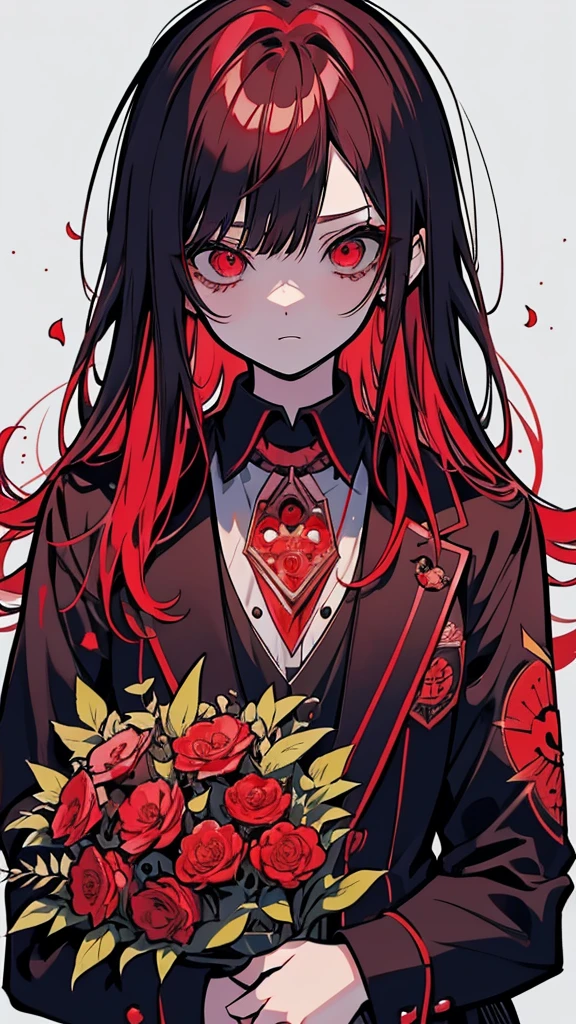Anime girl with red hair and wearing a black suit holding a bouquet of red flowers, Yandere, Yandere. expensive, gapmoe Yandere, ( ( ( yoh yoshinari ) ) ), by Kamisaka Sekka, by Kamaguruka, gapmoe Yandere grimdark, Chainsaw Man, Written by Chi Dahe, Chainsaw Man manga