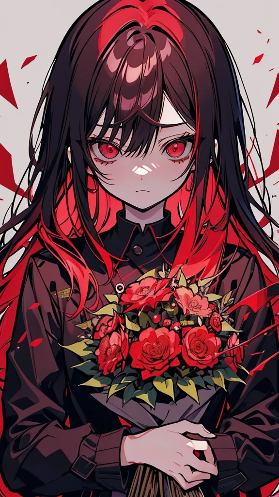 Anime girl with red hair and wearing a black suit holding a bouquet of red flowers, Yandere, Yandere. expensive, gapmoe Yandere, ( ( ( yoh yoshinari ) ) ), by Kamisaka Sekka, by Kamaguruka, gapmoe Yandere grimdark, Chainsaw Man, Written by Chi Dahe, Chainsaw Man manga