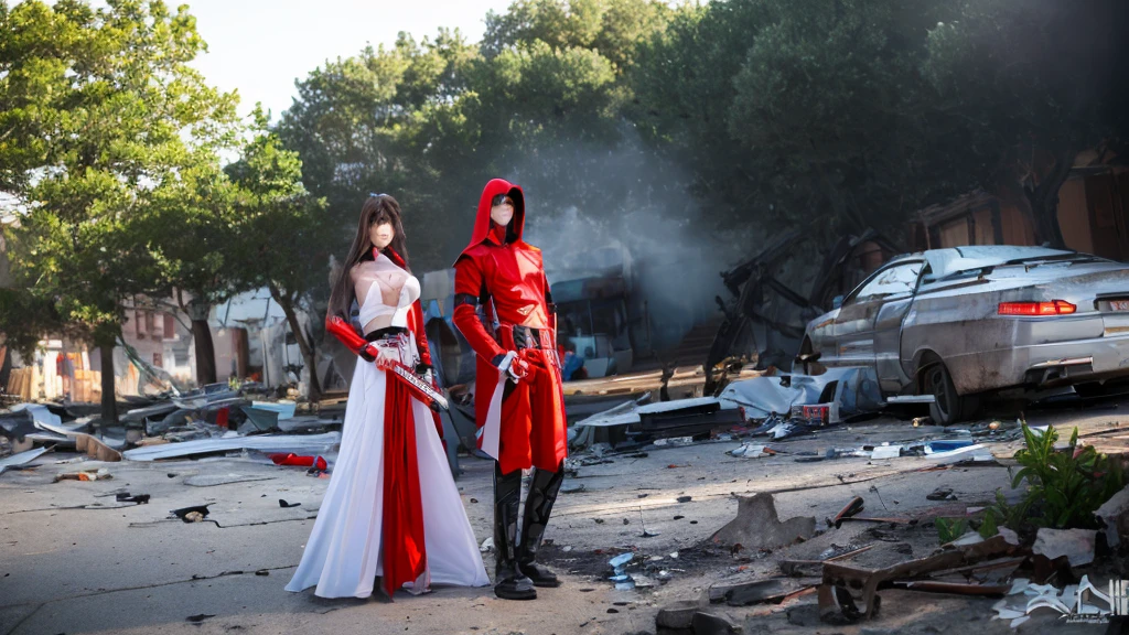 hdr, best 24k image, with shining armor a templar soldier, with a red hood, in front of a destroyed city, ruins fire, smoke, clear day