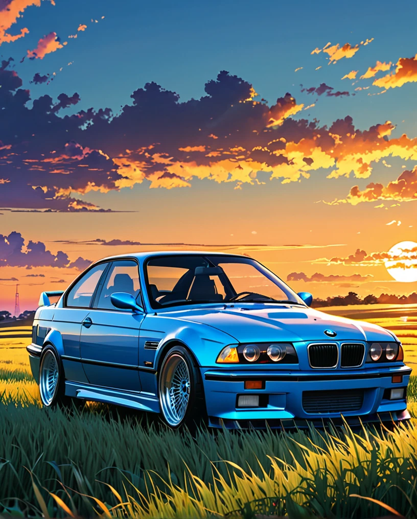 A classic BMW M3 E36 sports car in ABS blue、Anime scenery of a girl sitting in tall grass with a sunset in the background.Beautiful anime scene, Beautiful anime peace scenes, Makoto Shinkai Cyril Rolland, Beautiful anime scene, Awesome Wallpapers, Anime Art Wallpapers 8K, Anime Background, artistic Anime Background, anime wallpaper 4k, Anime Art 4K Wallpaper, Anime Wallpaper Art 4k,