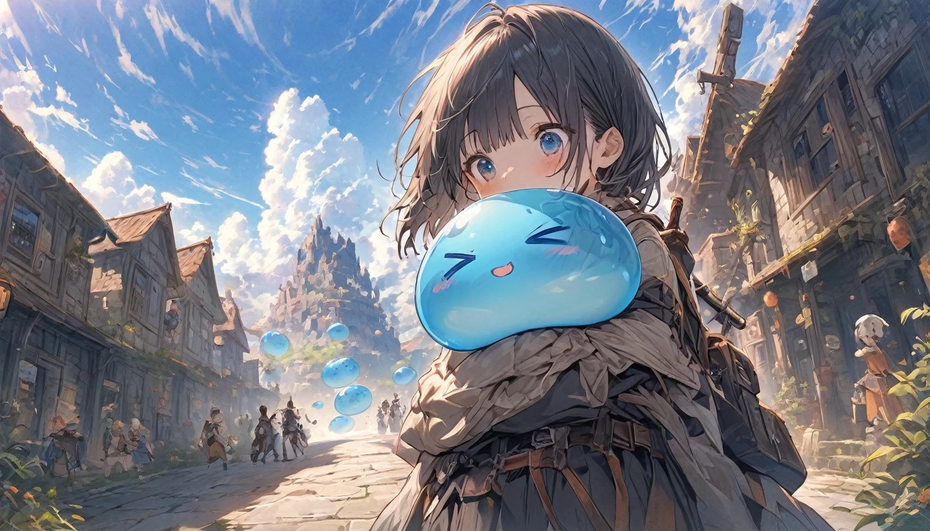 A small swordsman riding a blue slime, Dungeons、Clear blue sky、adventure、Fisheye Lens、SLR、Feel the depth、Fun Expressions、Gazing into the distance、From behind