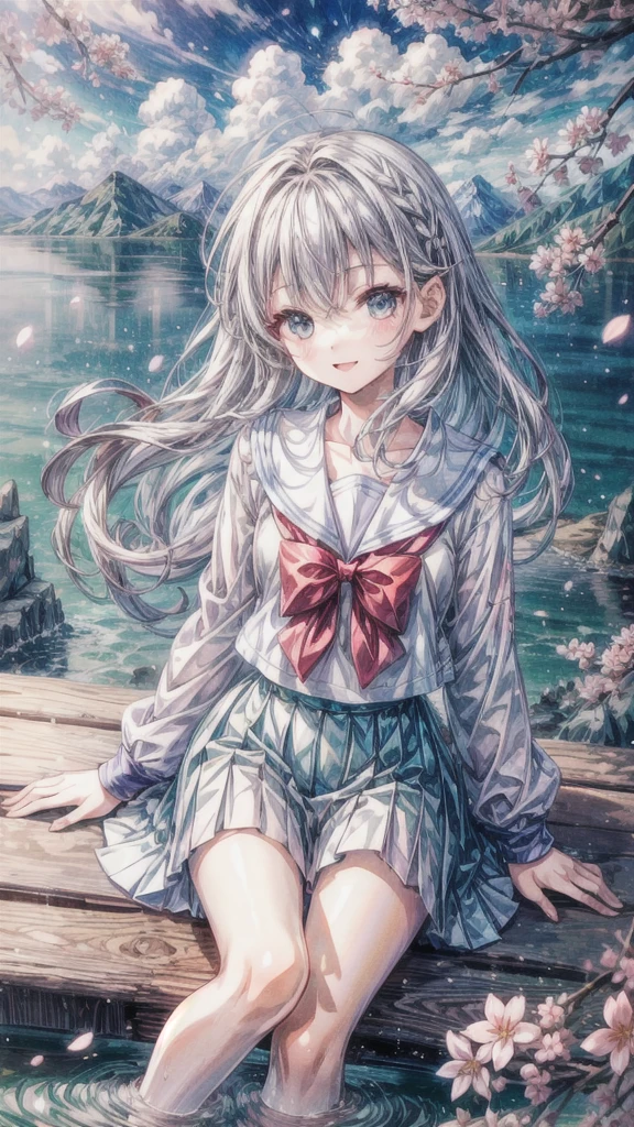 (masterpiece), scenery, mountainous horizon, cherry blossoms, petals, light particles, upper body, 1girl, sailor, wavy hair, floating hair, smile, sitting, open mouth, light particles, silver hair, aqua eyes, looking at viewer, face focus