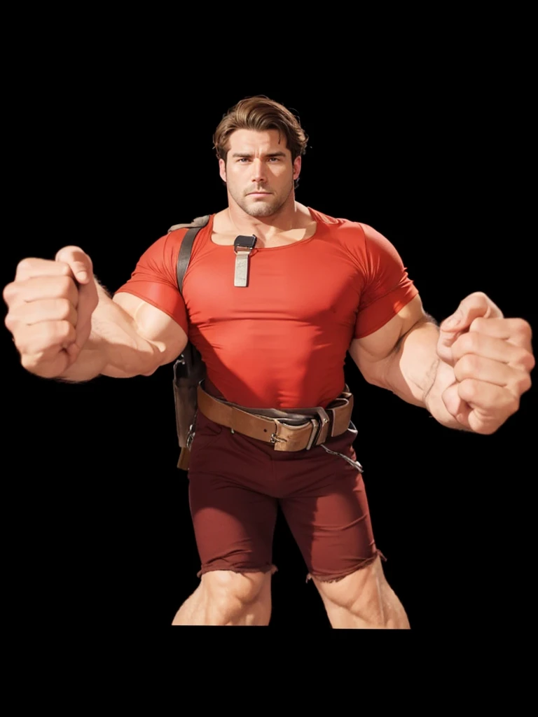 a strong man, with broken brown hair, with red shirt, with brown jumpsuit