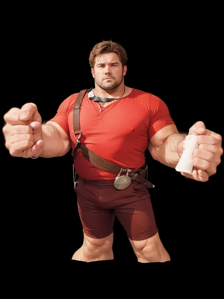 a strong man, with broken brown hair, with red shirt, with brown jumpsuit