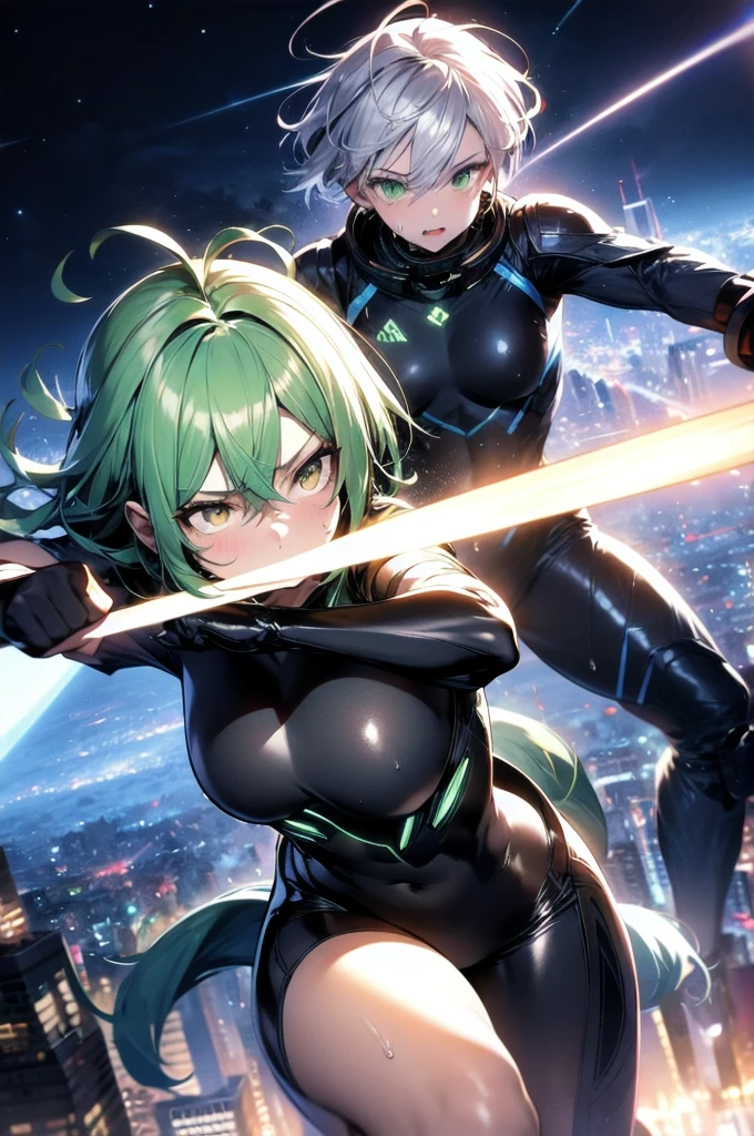 A silver-haired beautiful girl with cat ears eyes are green hair is silver and long clothes: a form-fitting black combat suit The fist is an afterimage The background is a city at night her is in a cat-like fighting pose The year is 14 years monitor, Dark Night, Sweat, Steam of Exhalation, Space, Battle, Dynamic Angle　one girl