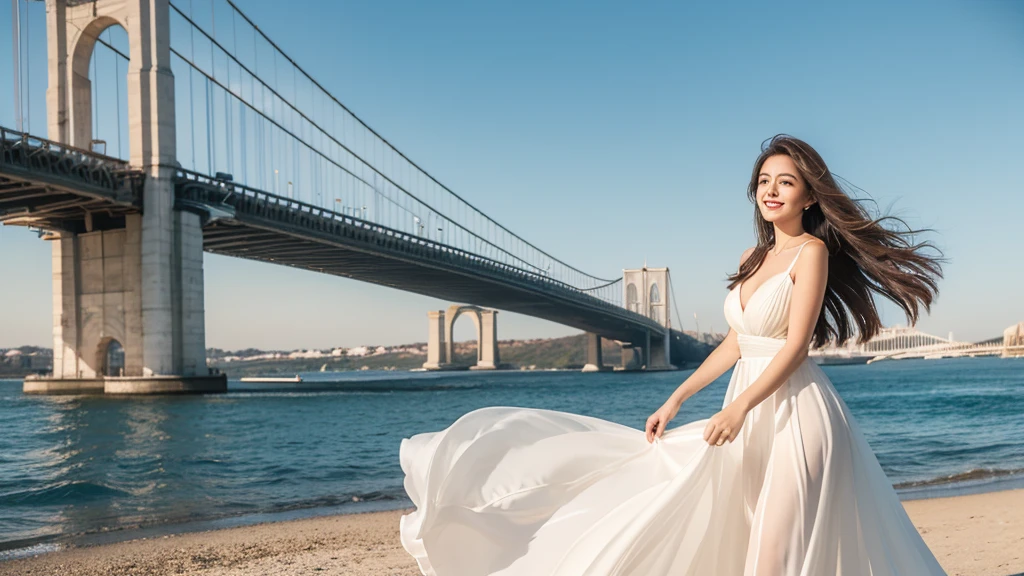 A woman with a beautiful, symmetrical face, hair blowing in the wind (brown hair) calm smile G-cup breasts wearing a white dress (white evening dress) (White veil on her head ) There is a big and long bridge. The blue sea stretches under the bridge and a car is passing by a European woman