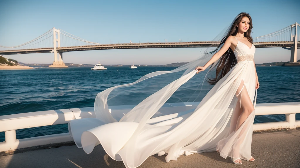 A woman with a beautiful, symmetrical face, hair blowing in the wind (brown hair) calm smile G-cup breasts wearing a white dress (white evening dress) (White veil on her head ) There is a big and long bridge. The blue sea stretches under the bridge and a car is passing by a European woman