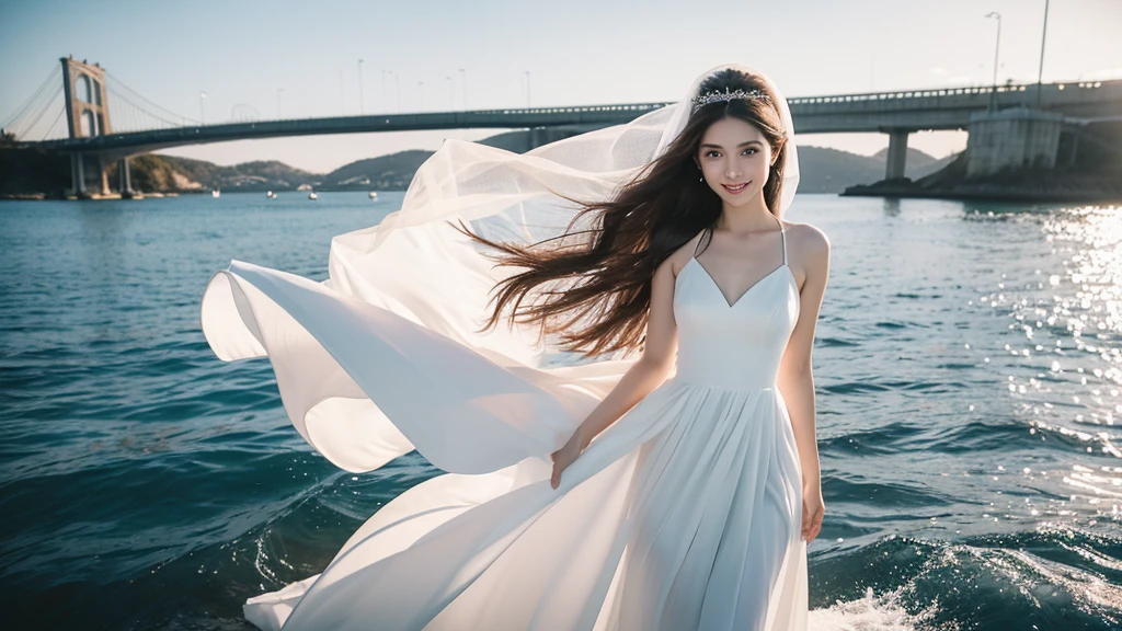A woman with a beautiful, symmetrical face, hair blowing in the wind (brown hair) calm smile G-cup breasts wearing a white dress (white evening dress) (White veil on her head ) There is a big and long bridge. The blue sea stretches under the bridge and a car is passing by a European woman