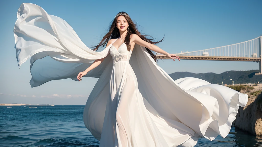A woman with a beautiful, symmetrical face, hair blowing in the wind (brown hair) calm smile G-cup breasts wearing a white dress (white evening dress) (White veil on her head ) There is a big and long bridge. The blue sea stretches under the bridge and a car is passing by a European woman