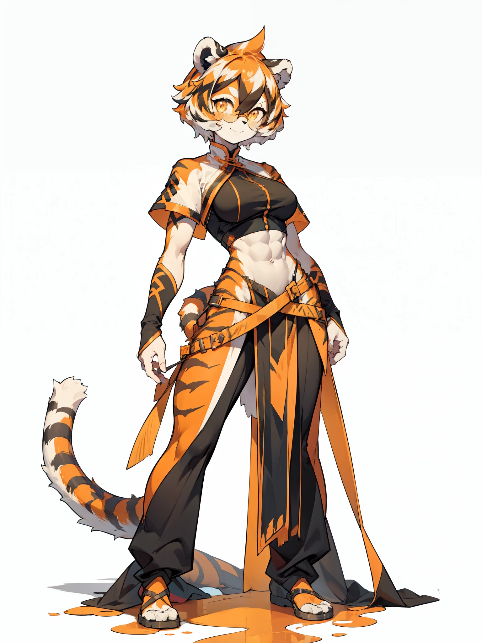 white background, full body,1girl，solo, Standing:1.5, animal ears, white hair, black hair, short hair, large breasts, Abdominal muscles,, tail, orange eyes, orange hair, multicolored hair, tiger girl, hair between eyes, tiger_ears, tiger_tail, orange-tinted_eyewear, tinted_eyewear, big breasts, evil smile, Shadows under feet,(((magic outfit:1.2))),