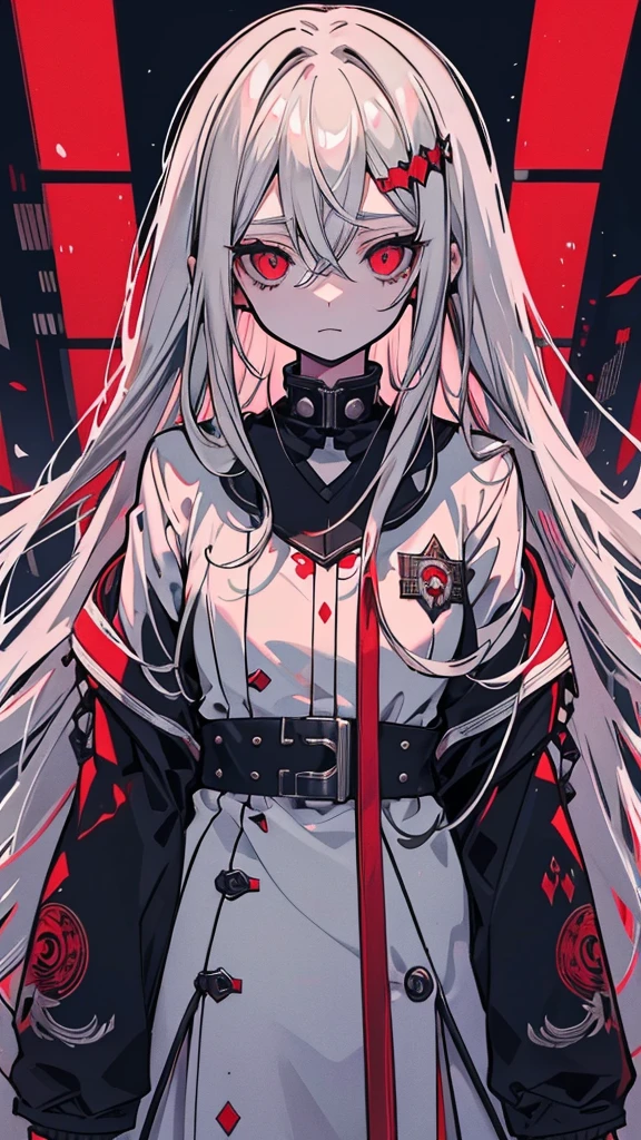 a picture of a woman of long white hair standing in front of a red light, Gray-haired deity, Gap Moe Yandere grimdark, Gap Moe Yandere, Gray-haired少女, Shiro from Deadman Wonderland, Gray-haired, of long white hair, White long hair, Crushing Despair, Flowing white hair, Long Hair Anime Girl, perfect Gray-haired girl
