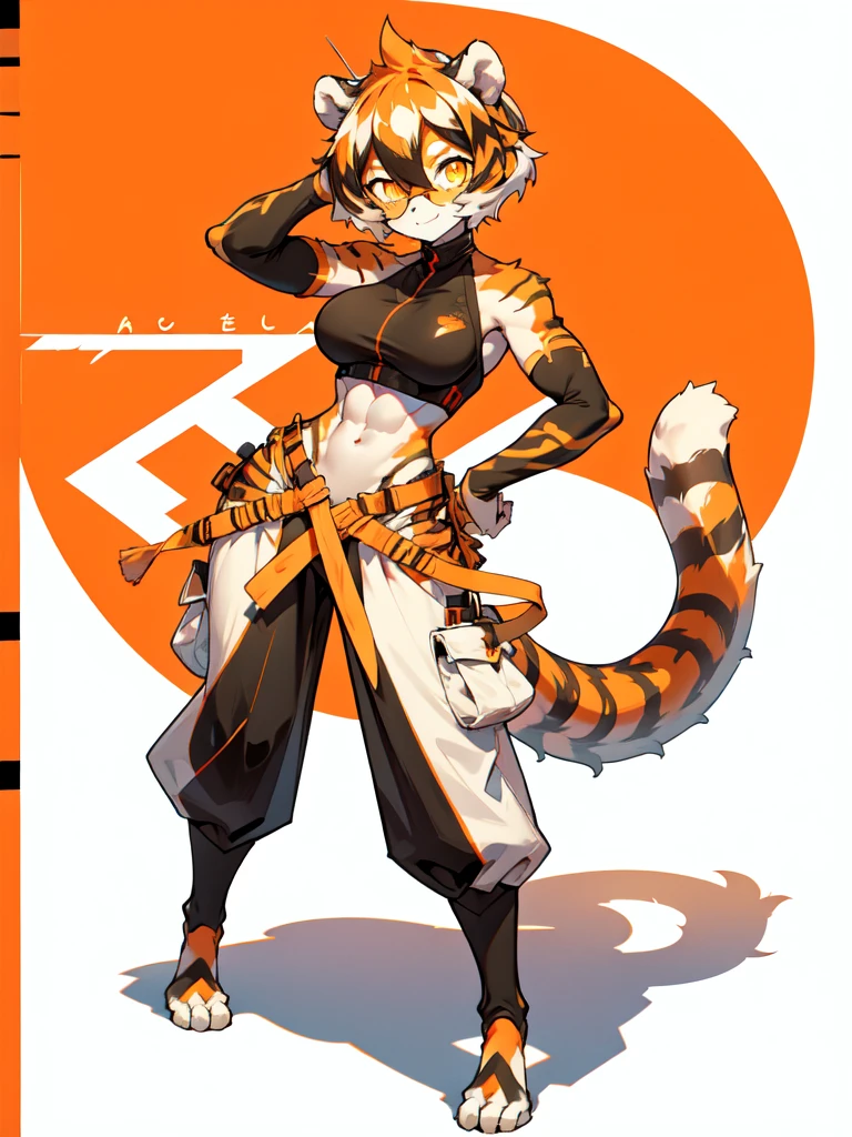 white background, full body,1girl，solo, Standing:1.5, animal ears, white hair, black hair, short hair, large breasts, Abdominal muscles,, tail, orange eyes, orange hair, multicolored hair, tiger girl, hair between eyes, tiger_ears, tiger_tail, orange-tinted_eyewear, tinted_eyewear, big breasts, evil smile, Shadows under feet,((( outfit:1.2))),