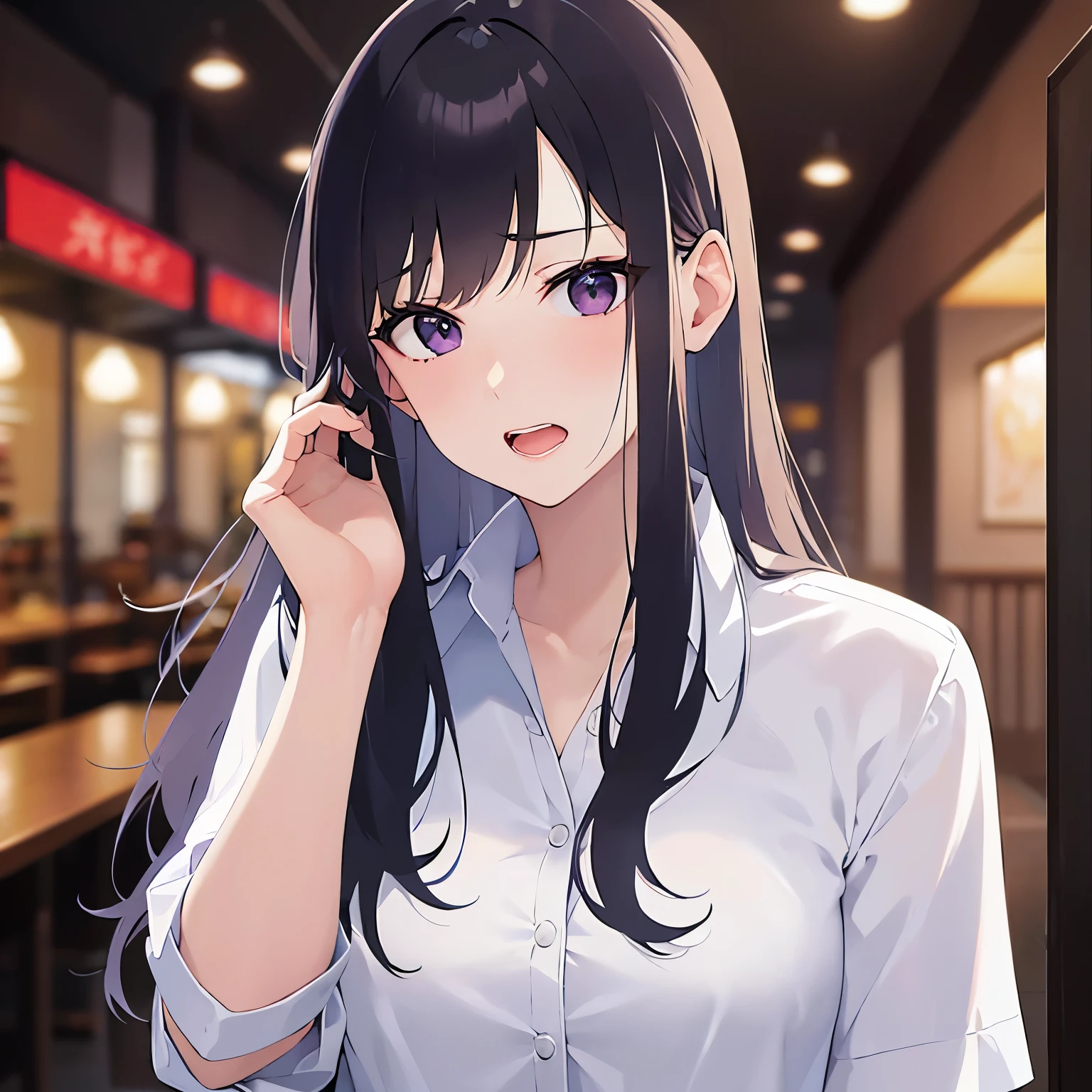(hand on own face:1.3), Upper Body, Realistic, real person, (pale skin: 1.2), RAW photo, photorealistic, shiny skin, shiny hair、(A 25-year-old woman with straight hair and bangs) and (medium hair) and (black hair) and (purple eyes) , (white collared shirt)、(embarrassed:1.5), open mouth, The background is the interior of a restaurant at night.、Alone、Are standing