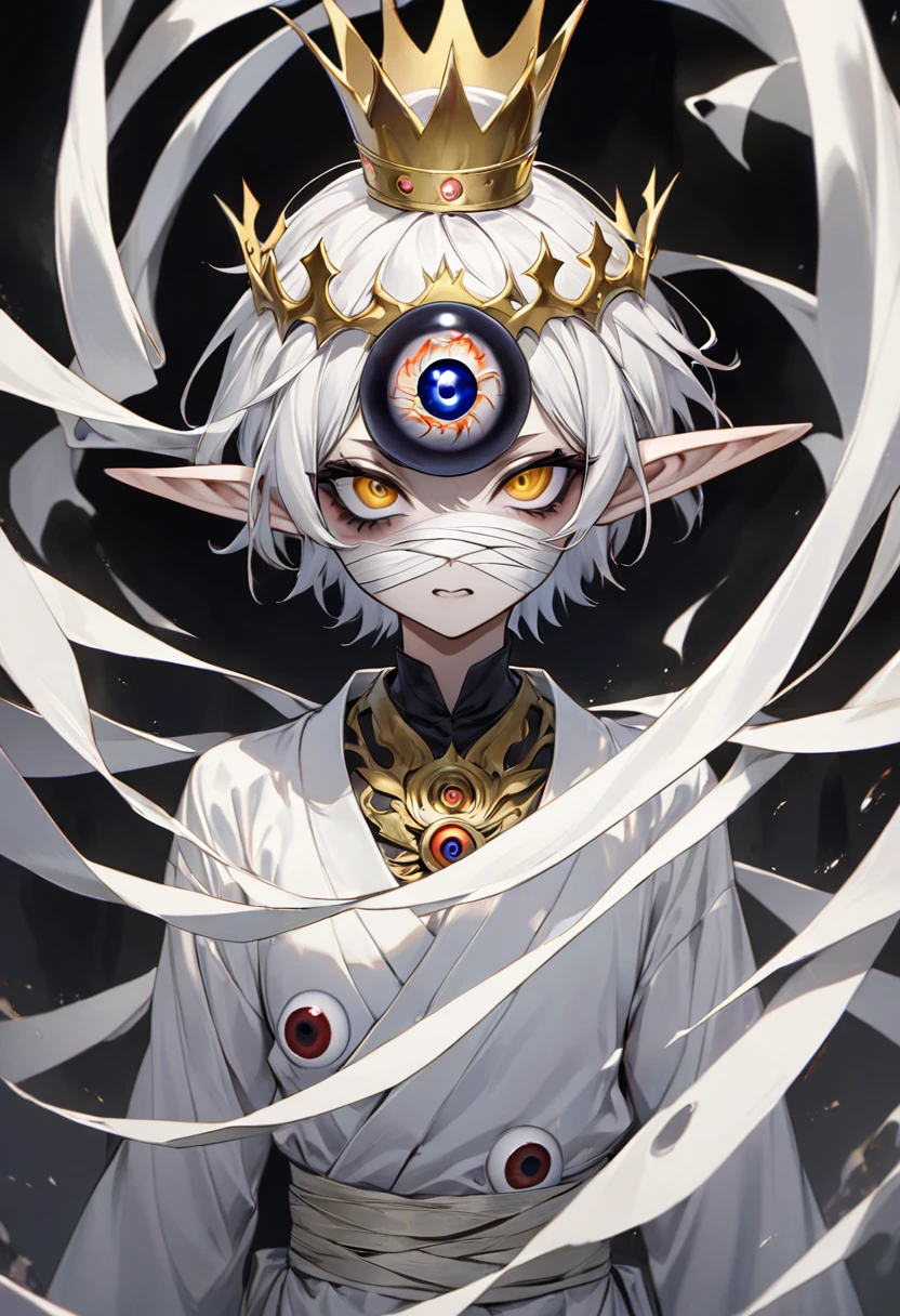 Japanese Anime，Second Dimension，Horror style，horror character，(((Three-eyed boy，独奏，third eye on the forehead，Dark eyeshadow，White short hair，Elf ears，Exaggerated golden crown-eyeball decoration))),(((Wrapped in bandages))).(((body movements：1.6))).