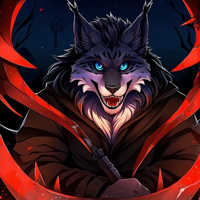 From now on a black lynx cat with blue eyes, black long hair mane, red chest hair, wearing military pants will kill anyone who crosses his path without mercy in his hand he is holding a scythe full of blood in the background has a house that is full of blood scene of terror and with a lot of blood in the background his clothing is full of blood of his previous victims is looking at the viewer with his blue and dark eyes and saying something very disturbing you are very fun to play with just like your friends even if they haven't lasted that long it won't take long for you to join them and all my other friends you can't escape me I'm your worst nightmare I'm God I'm terror Hell is waiting for you