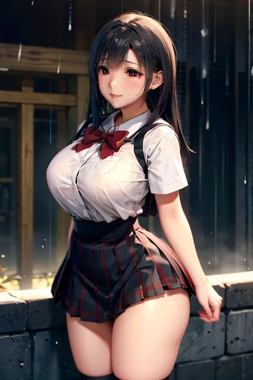 school girl uniform , steam , rain , plaid skirt , pleated skirt , The shirt is tight. , white shirt , school girl , red bow , red knot 