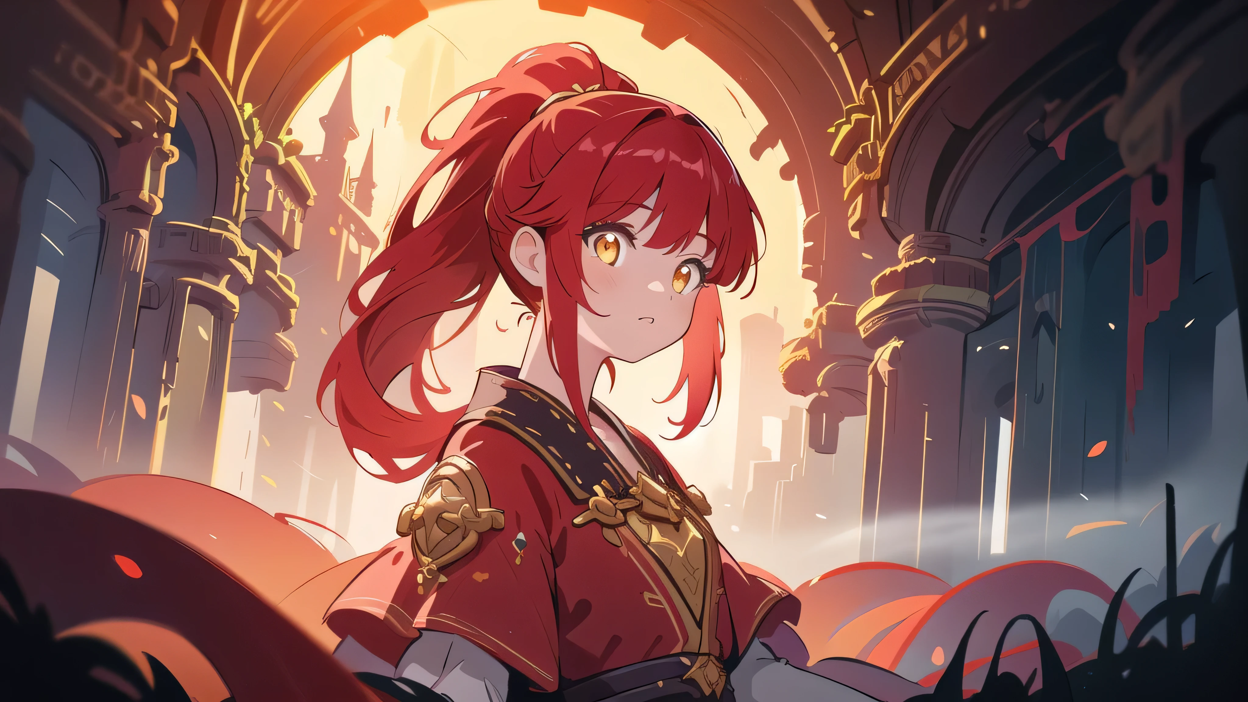 A girl with long yellow ponytail, red dress, highly detailed, 8k, cinematic lighting, vibrant colors, intricate details, fantasy, magical, whimsical, soft focus, digital painting, concept art style