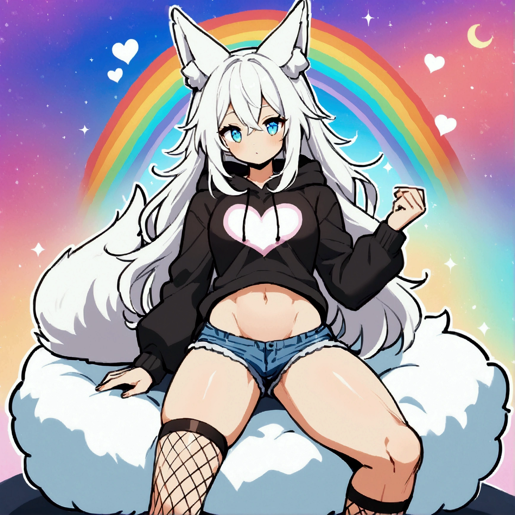 a cute adult male with wolf ears, long white hair, long locks, has a wolf tail, wearing a loose cropped black hoodie, wearing a pair of denim short shorts and fishnet stockings, thick thighs, wide hips, relaxing on mound of fluffy multi colored kawaii plushies, short, very slim, showing slender tummy, heart on hoodie, squishy thighs, has glowing blue eyes. alone, solo (ALONE)(SOLO), surrounded by rainbows, colorful galaxy backround,