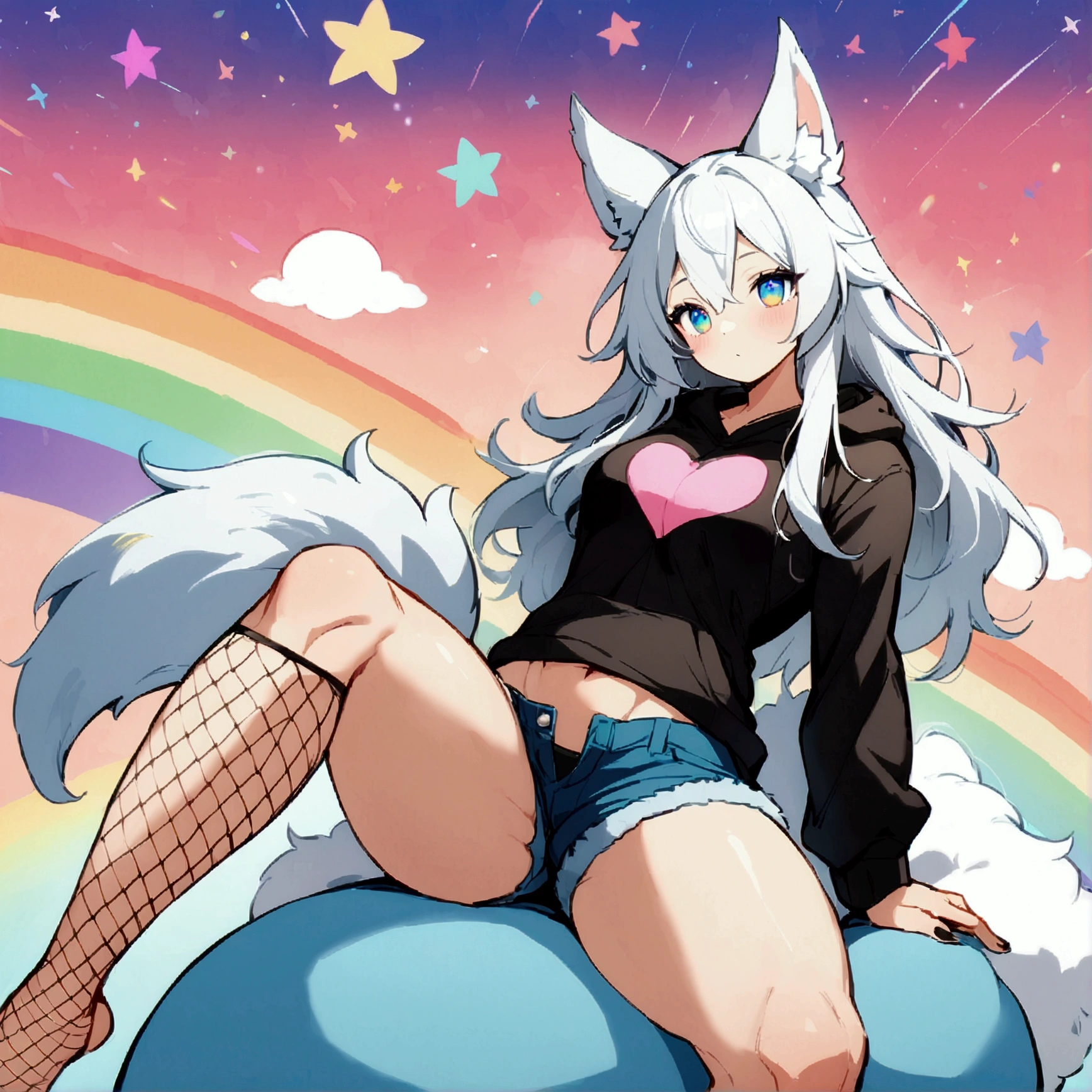 a cute adult male with wolf ears, long white hair, long locks, has a wolf tail, wearing a loose cropped black hoodie, wearing a pair of denim short shorts and fishnet stockings, thick thighs, wide hips, relaxing on mound of fluffy multi colored kawaii plushies, short, very slim, showing slender tummy, heart on hoodie, squishy thighs, has glowing blue eyes. alone, solo (ALONE)(SOLO), surrounded by rainbows, colorful galaxy backround,