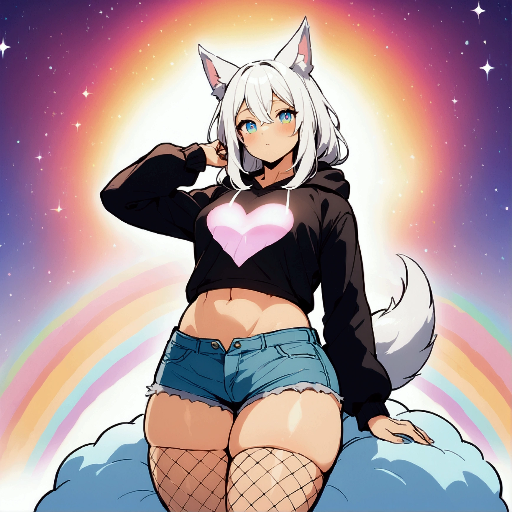 a cute adult male with wolf ears, long white hair, long locks, has a wolf tail, wearing a loose cropped black hoodie, wearing a pair of denim short shorts and fishnet stockings, thick thighs, wide hips, relaxing on mound of fluffy multi colored kawaii plushies, short, very slim, showing slender tummy, heart on hoodie, squishy thighs, has glowing blue eyes. alone, solo (ALONE)(SOLO), surrounded by rainbows, colorful galaxy backround,