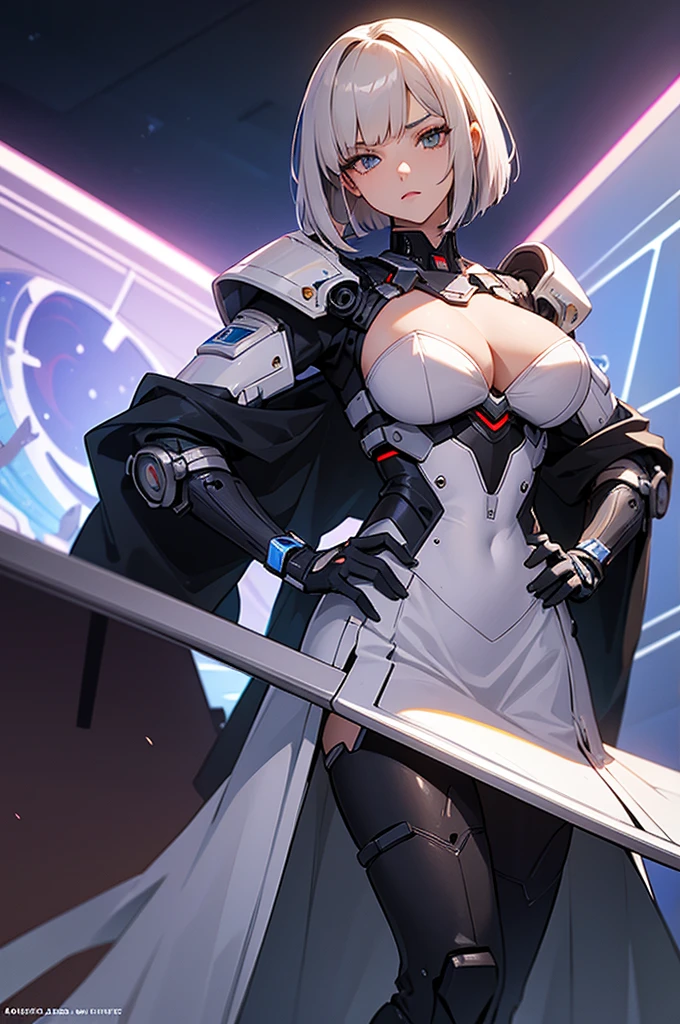 masterpiece, best quality, ultra detailed, 4K, no bad anatomy and fingers, super detailed skin, hands on hips, dynamic pose cyborg beautiful girl, face like a Paris Collection model, asymmetrical bob cut with mesh highlights, wearing dress armor by top designer, flight unit on her back, giant Mars in the background, anime style, ink painting, rough lines, tilted camera to make her look imposing, cinematic, control room in space station, very detailed background, cleavage cutout, elaborately designed clothes