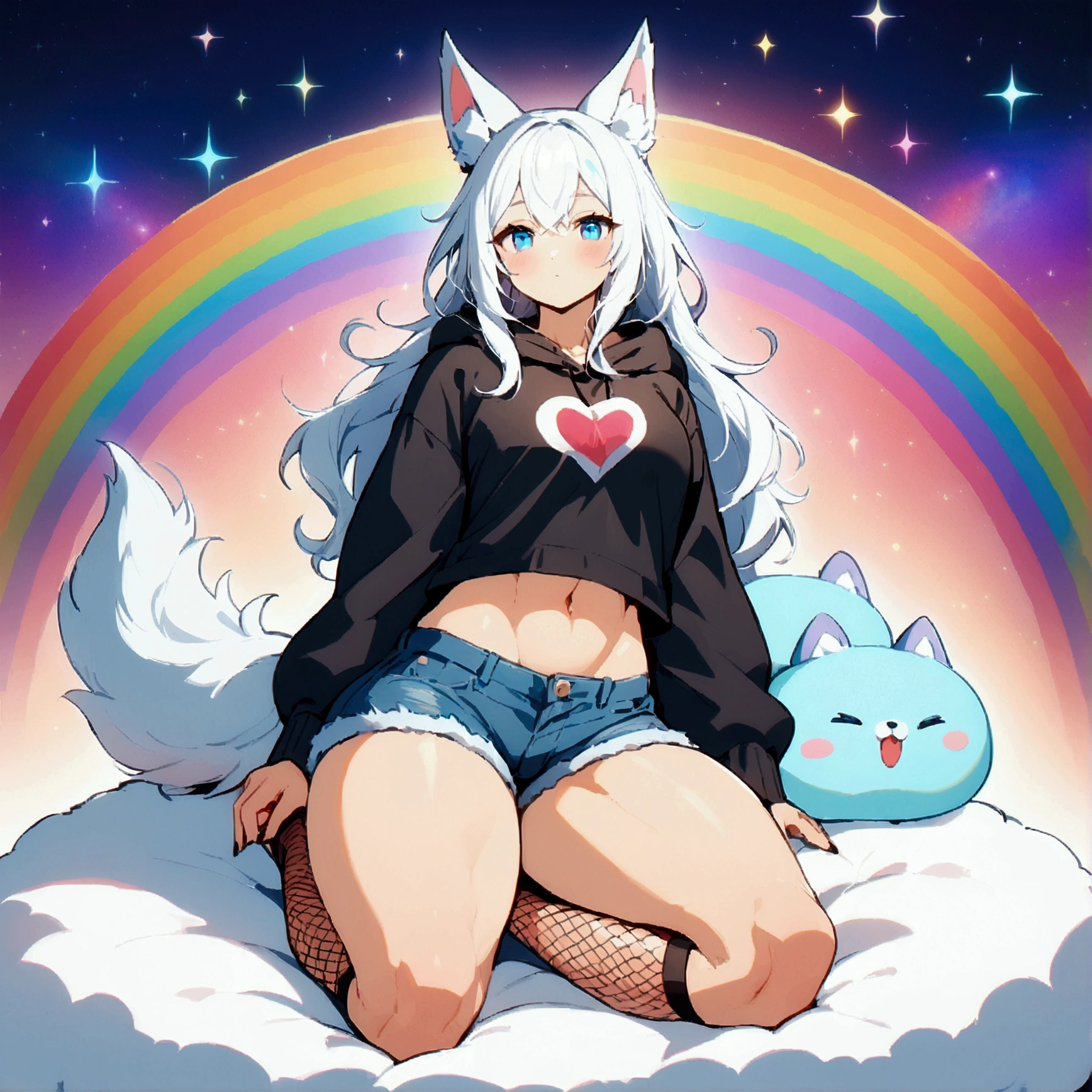 a cute adult male with wolf ears, long white hair, long locks, has a wolf tail, wearing a loose cropped black hoodie, wearing a pair of denim short shorts and fishnet stockings, thick thighs, wide hips, relaxing on mound of fluffy multi colored kawaii plushies, short, very slim, showing slender tummy, heart on hoodie, squishy thighs, has glowing blue eyes. alone, solo (ALONE)(SOLO), surrounded by rainbows, colorful galaxy backround,